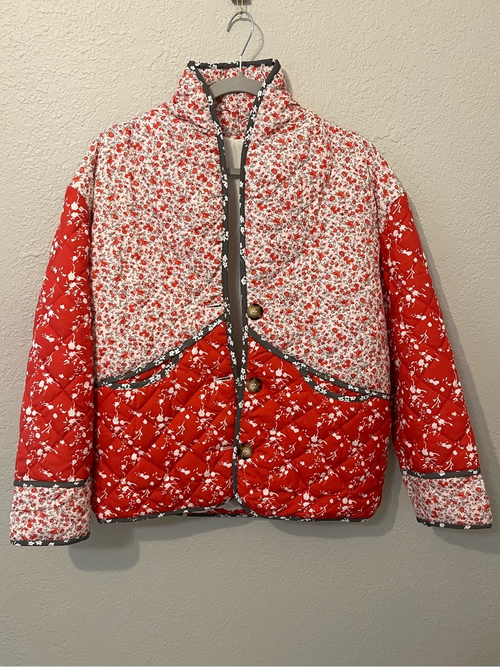 Red Floral Patchwork Puffer Jacket